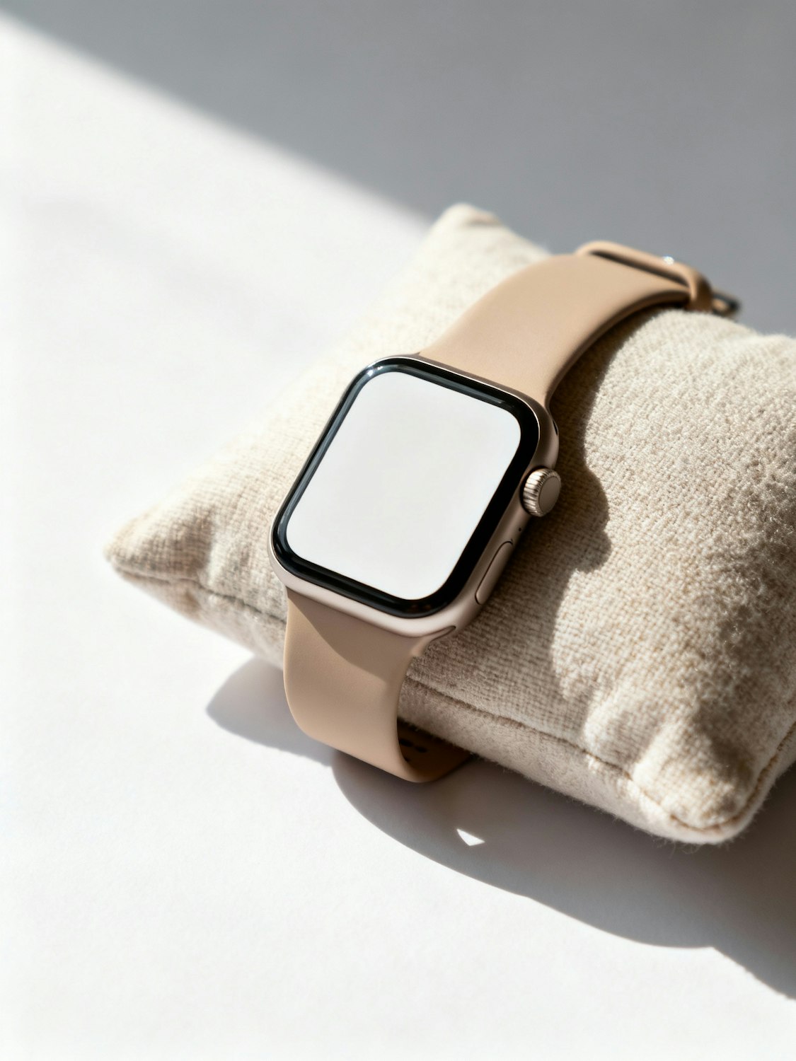 Smartwatch con correa clara sobre una superficie suave